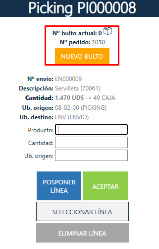 Gestión bultos durante picking