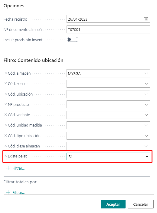 Crear inventario palet