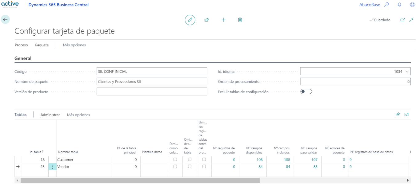 Captura de pantalla de un paquete de configuración