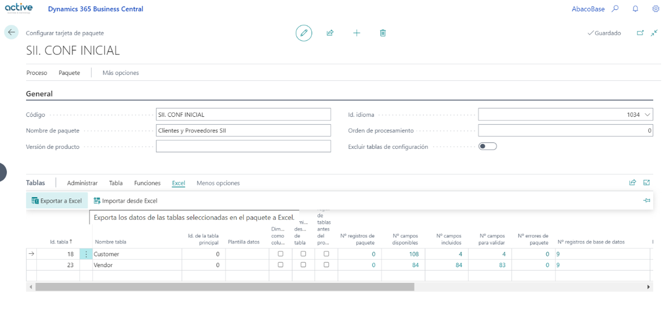 Captura de pantalla de un paquete de configuración