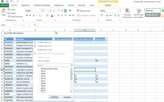 Captura de pantalla de una exportación en Excel de una tabla de clientes