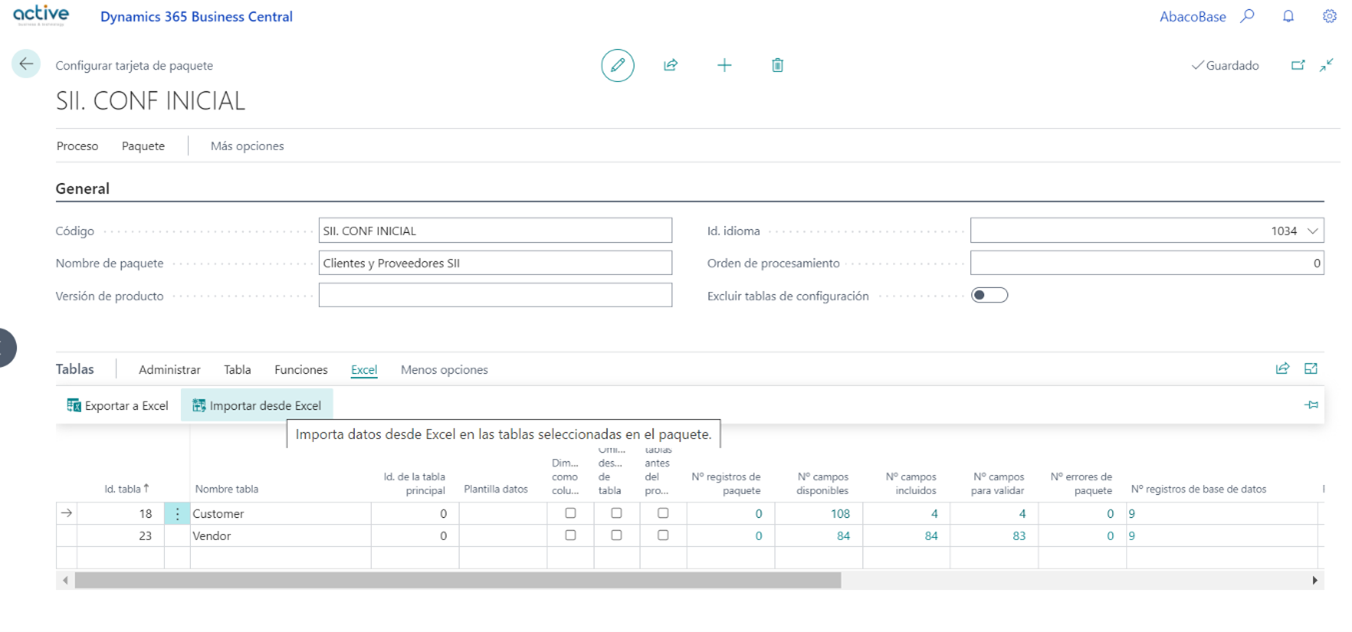 Captura de pantalla de un paquete de configuración