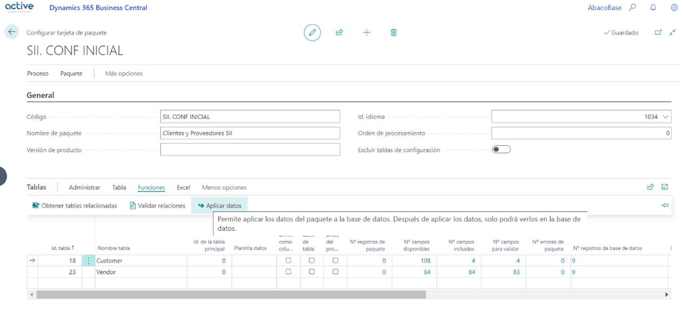 Captura de pantalla de un paquete de configuración