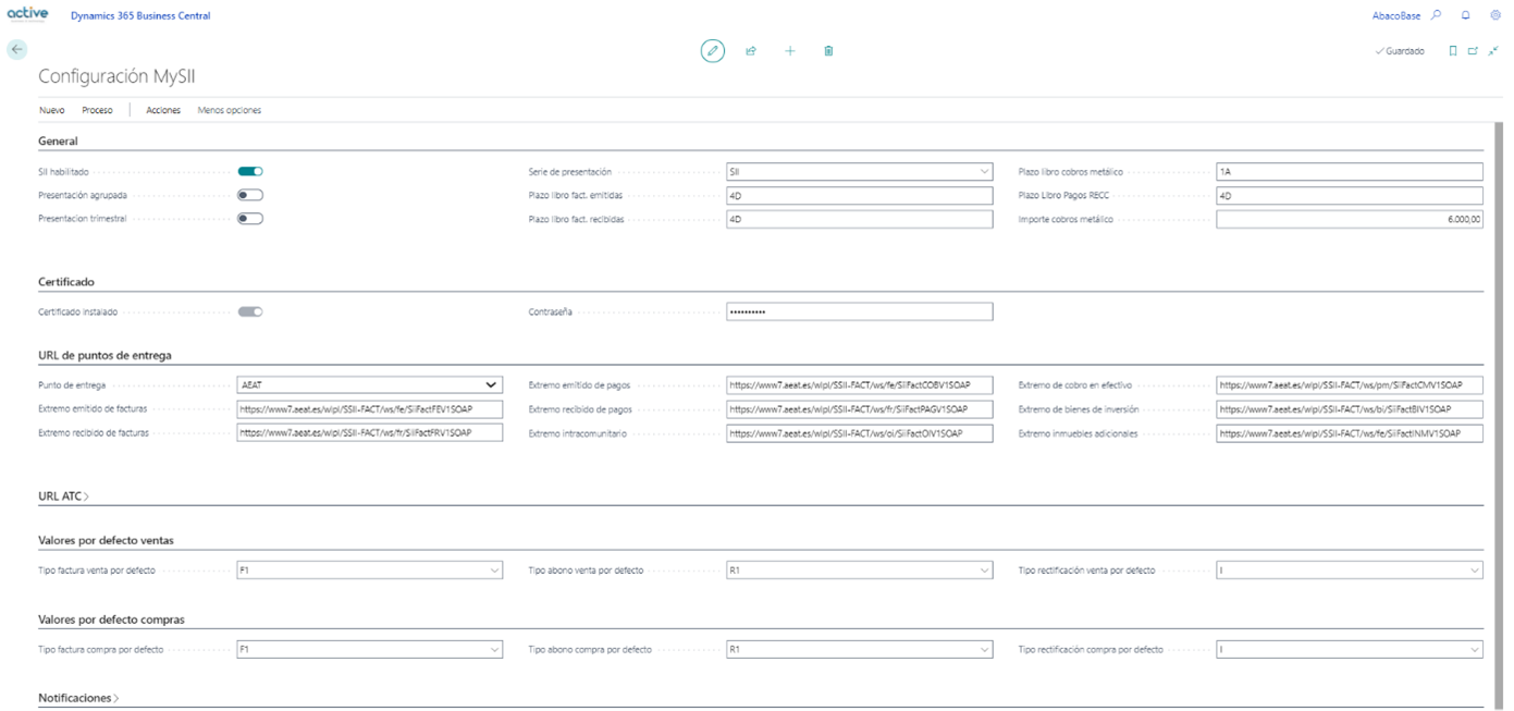 Captura pantalla menú de configuración mySII
