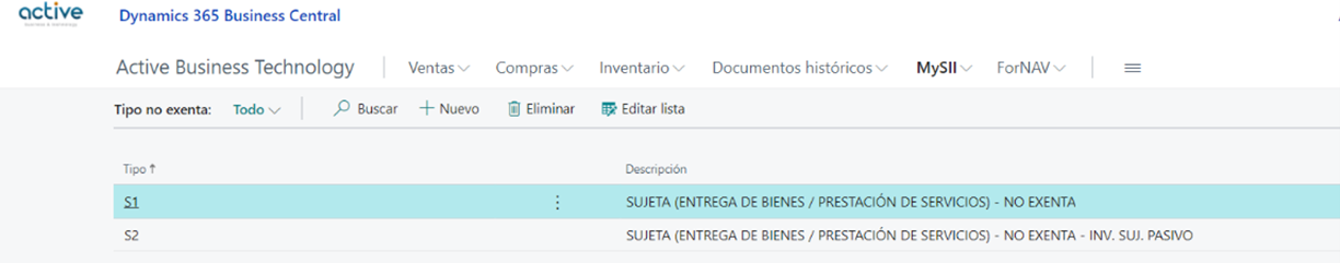 Captura de pantalla de la configuración de Tipos no exenta