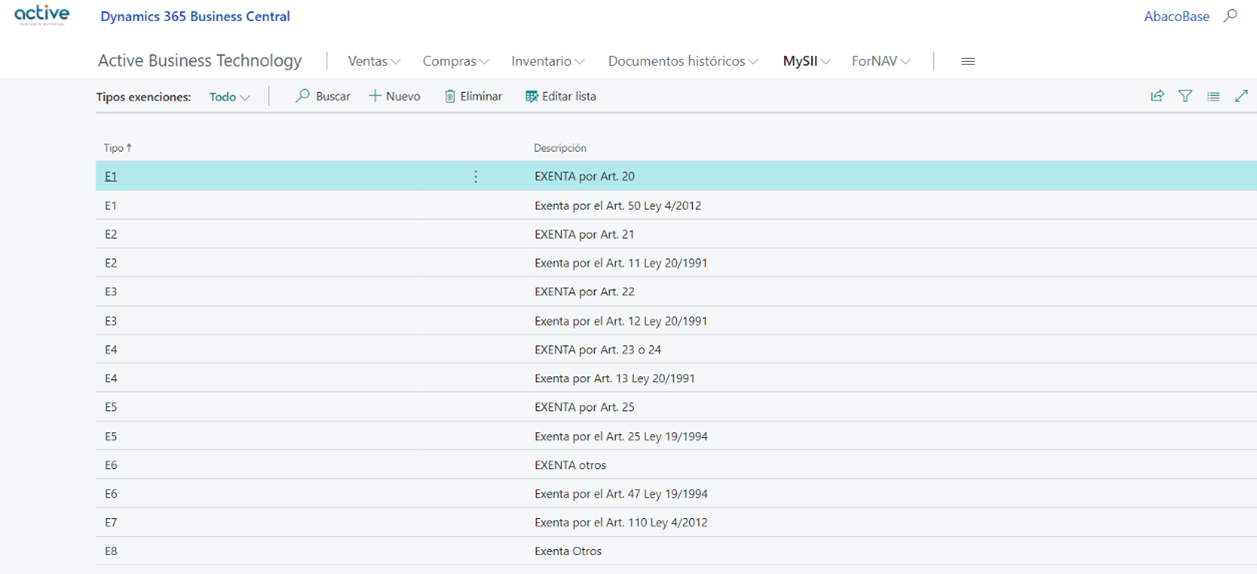 Captura de pantalla de la configuración de Tipos exenciones
