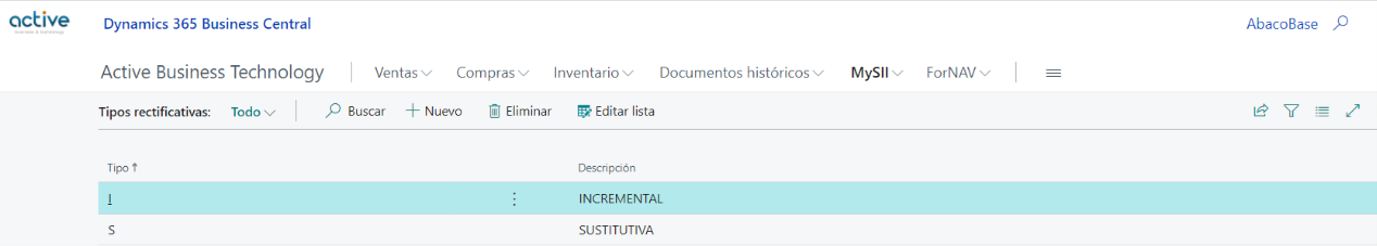 Captura de pantalla de la configuración de Tipos abono