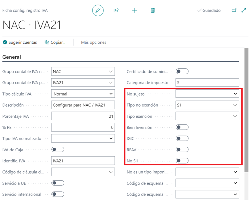 Captura de pantalla de la configuración de registro de IVA.